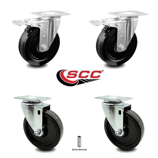 5 Inch Phenolic Wheel Swivel Top Plate Caster Total Lock Brakes SCC, 2PK